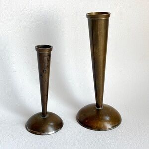Pair of Mini Vases Mid Century Brass Candle Holders? MCM Decor Aged Patina